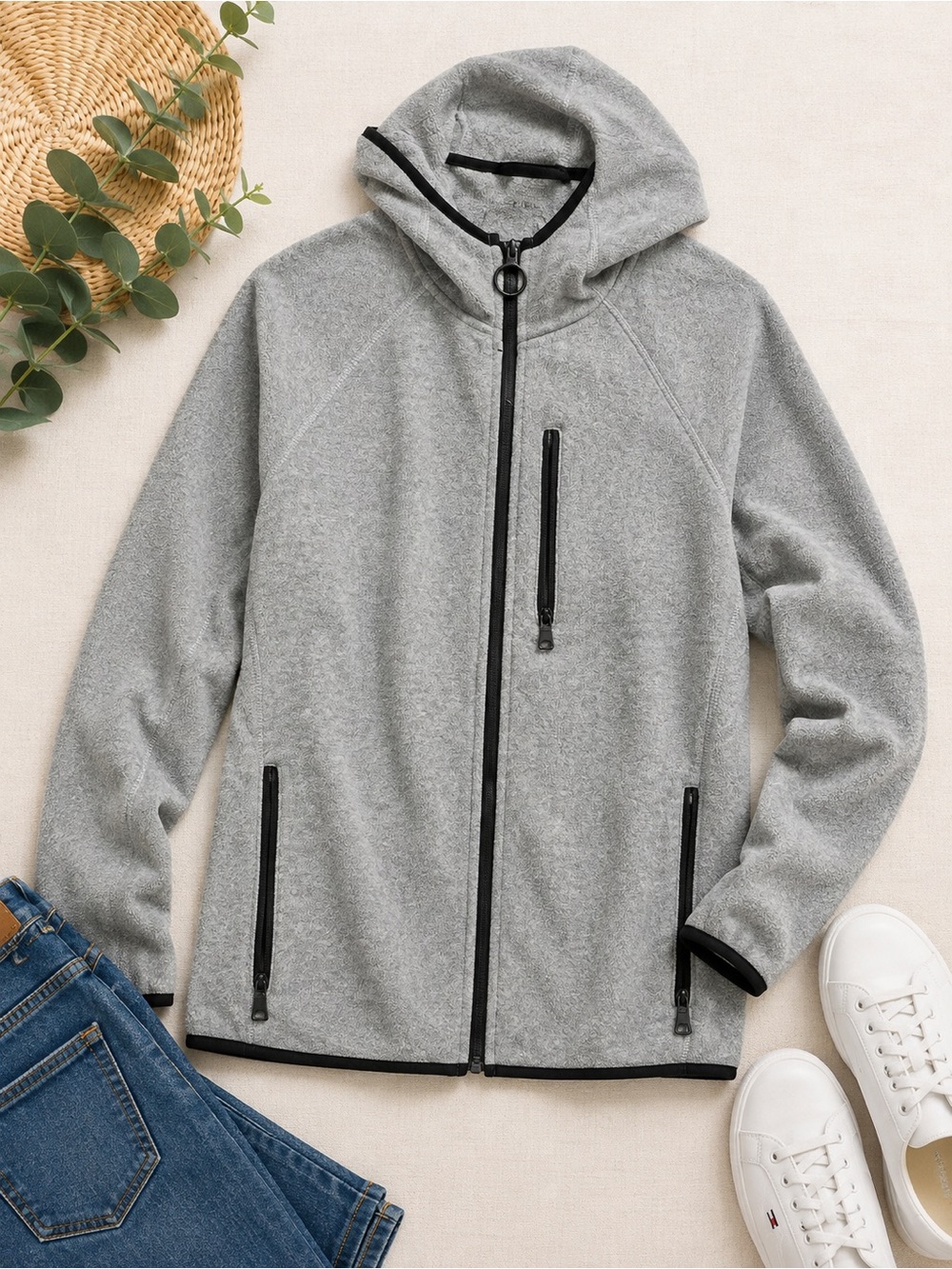 G.H. Bass & Co. Gray Hooded Fleece Jacket Full Zip Black Trim